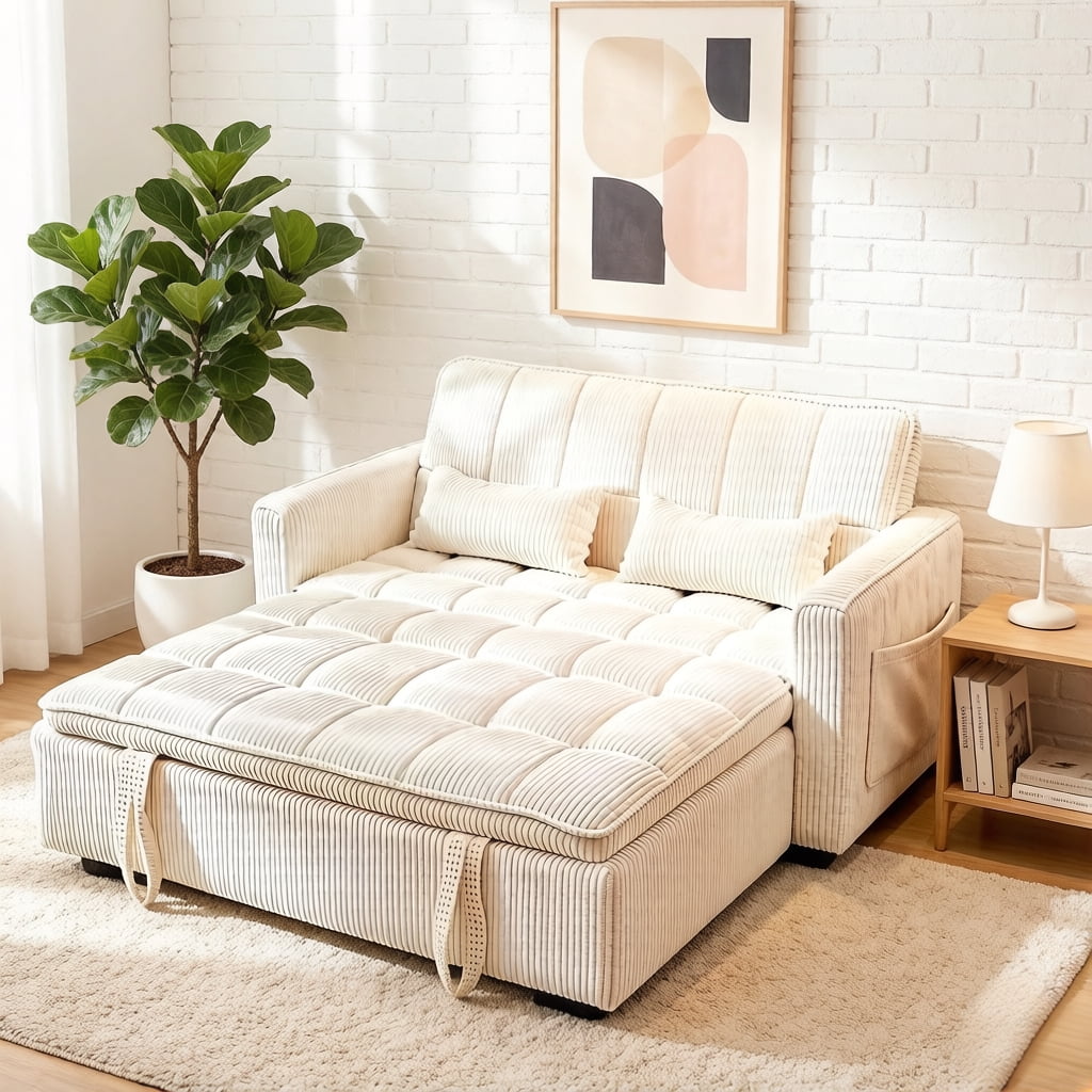 AISWORD Sleeper Sofa Bed, 3-in-1 Convertible Pull Out Couch with Adjustable Backrest for Living Room, Loveseat Sofa Bed with Side Pockets, Beige