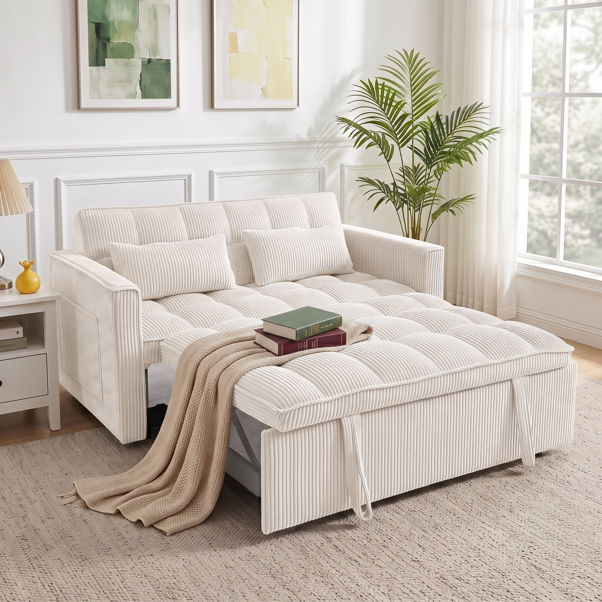 AISWORD Sleeper Sofa Bed, 3-in-1 Convertible Pull Out Couch with Adjustable Backrest for Living Room, Loveseat Sofa Bed with Side Pockets, Beige