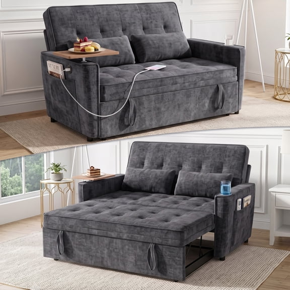 AISWORD 54" Convertible Pull Out Sleeper Sofa Bed, Chenille Loveseat Couch with USB Port, Side Tray Table, Cup Holder, Storage Pockets & Adjustable Backrest for Small Spaces, Dark Gray