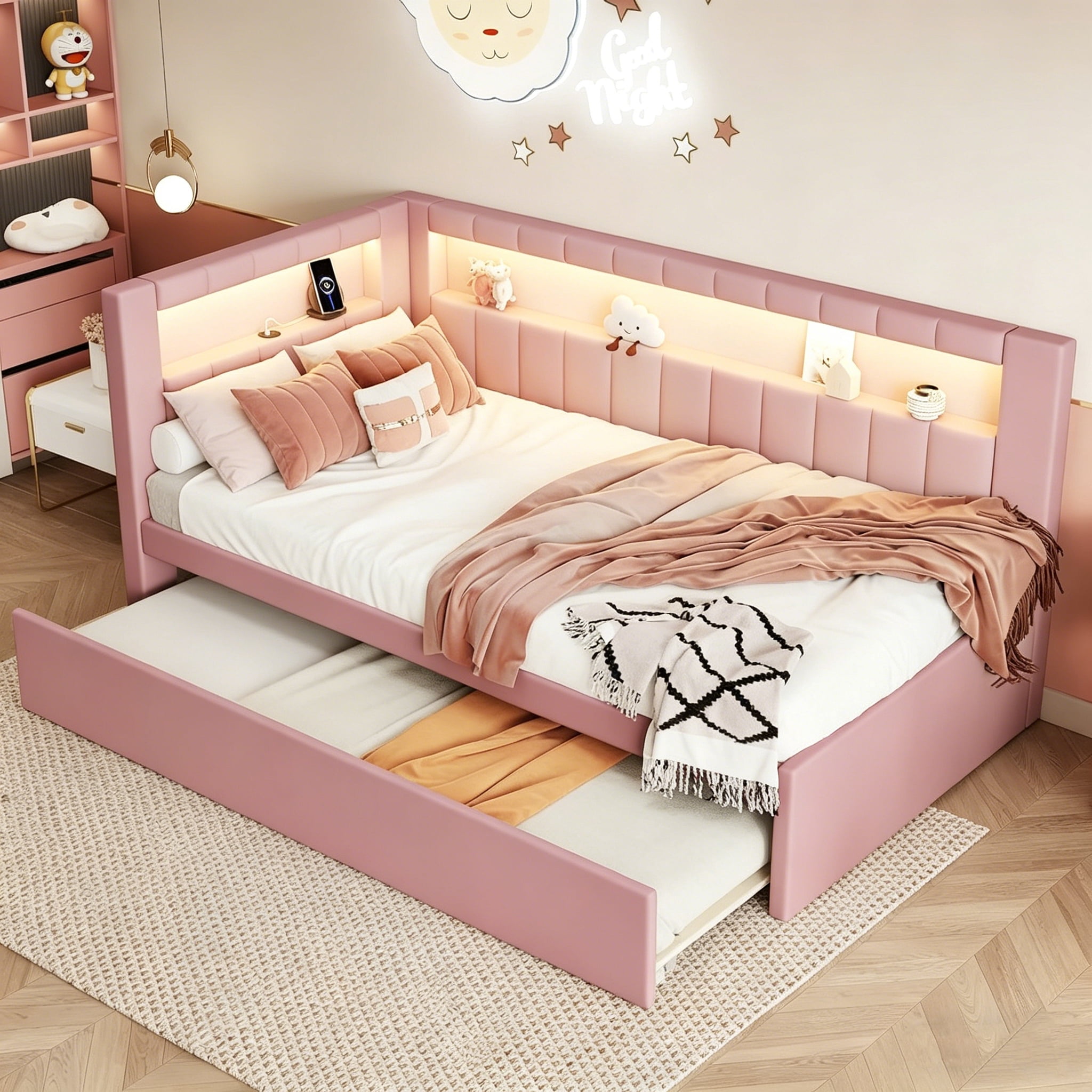 AISWORD Twin Size Daybed with Trundle and L-Shaped Bookshelf Headboard, Upholstered Soft Corner Bed with Storage Shelves, Charging Station and LED Belt, Pink