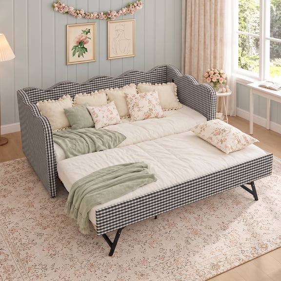AISWORD Twin Size Gingham Upholstered Daybed, Twin to King Sofa Bed with Pop Up Trundle & USB Ports, No Box Spring Needed, Black