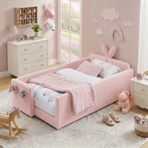 AISWORD Twin Size Kids Bed, Rabbit Ear Headboard, Upholstered Daybed with Slat Support & Side Pockets, Space-Saving Wooden Corner Sofa Bed, Pink