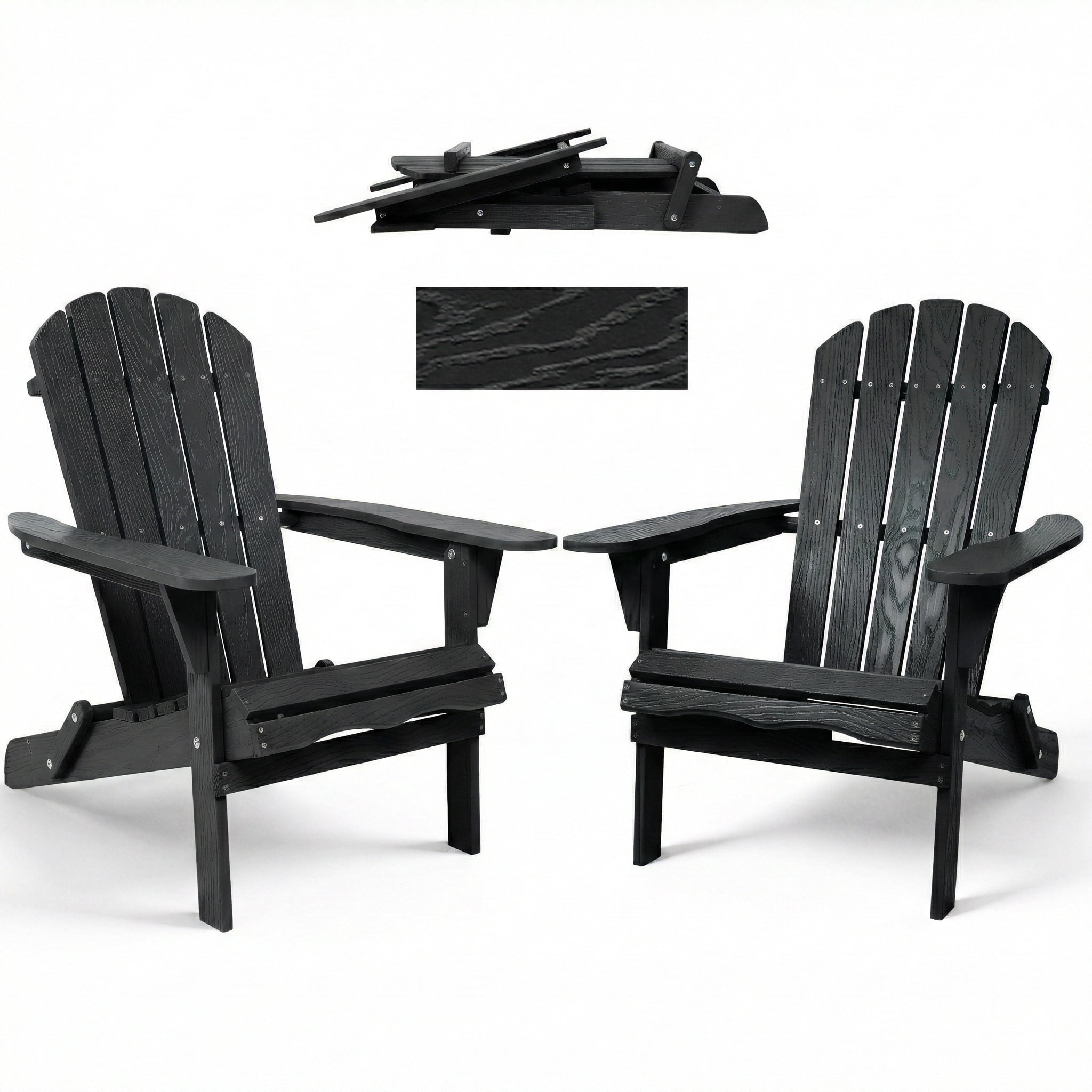 AISWORD Outdoor Folding Embossed Adirondack Chair Set of 2, Pre-Assembled BackRest Wood Lounge Chair, Black