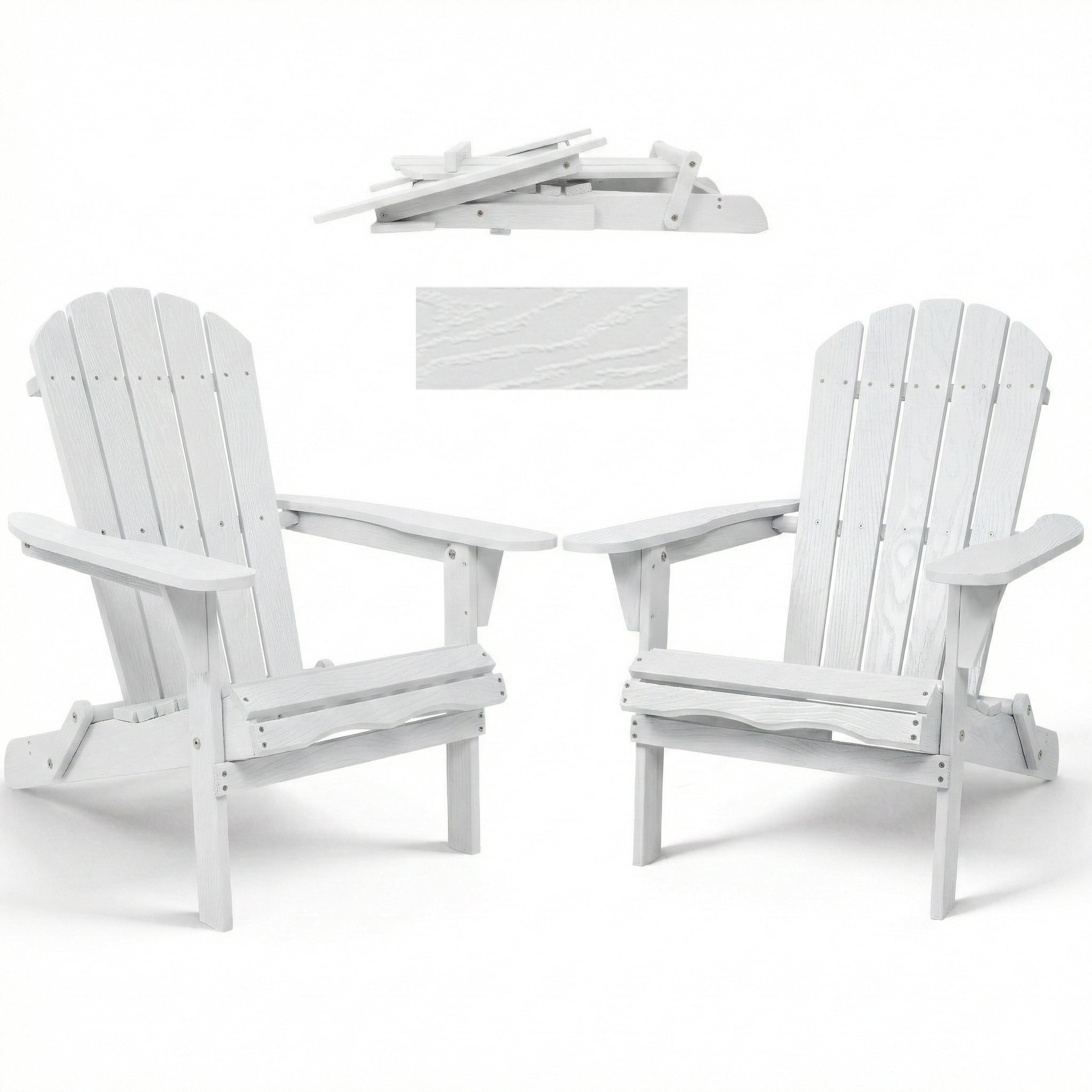 AISWORD Outdoor Folding Embossed Adirondack Chair Set of 2, Pre-Assembled BackRest Wood Lounge Chair, White