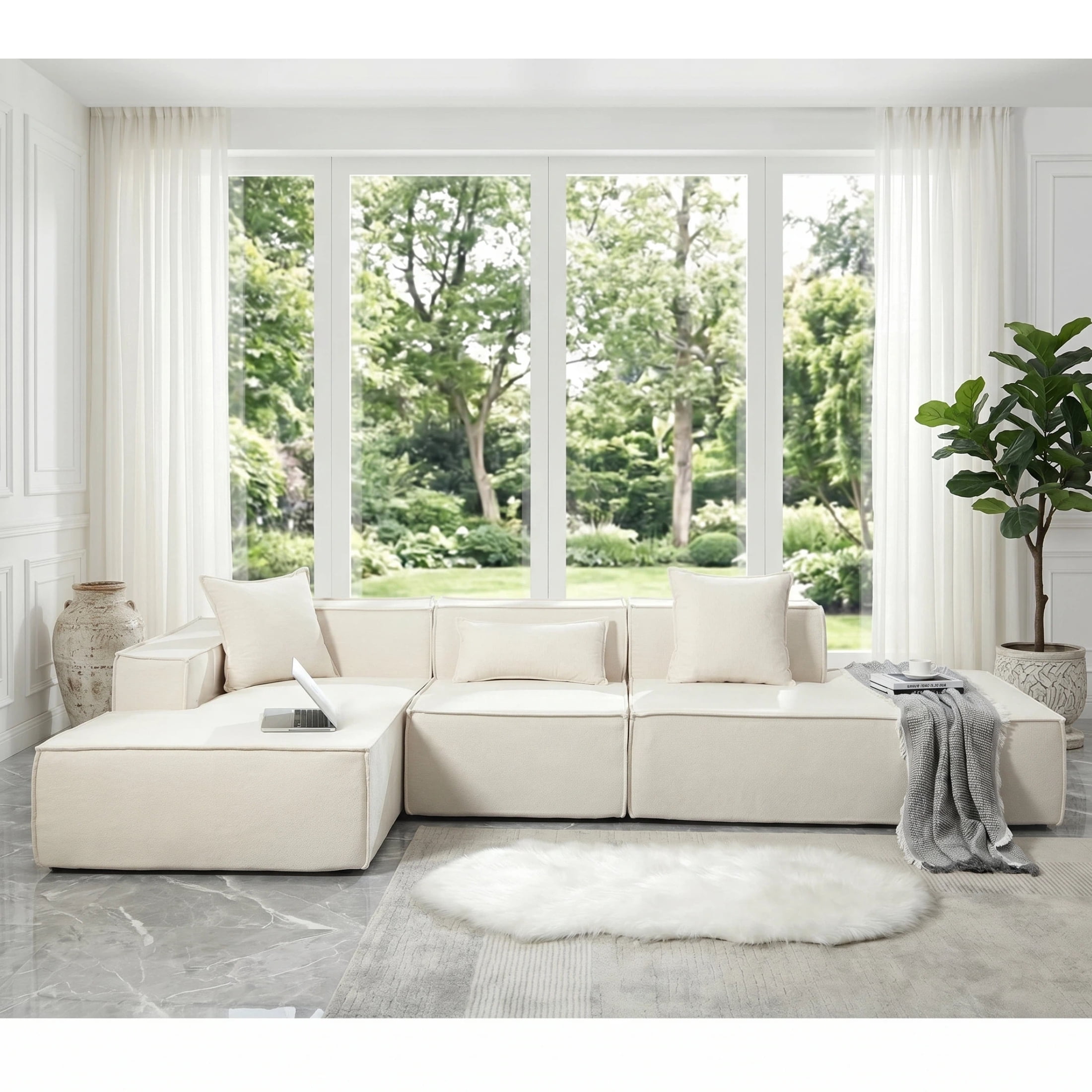 AISWORD 129.5'' L-Shaped Modular Sectional Sofa, Tofu Block Floor Sofa with 3 Pillows for Living Room, Beige