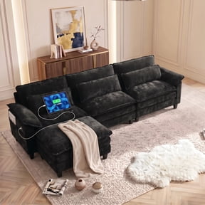 UBERLYFE 113" L Shaped Cloud Modular Sectional Sofa, Deep Wide Seat Couch with Ottoman, USB Charging Ports, Side Storage Pockets & Throw Pillows, Modern Chenille Living Room Furniture, Black