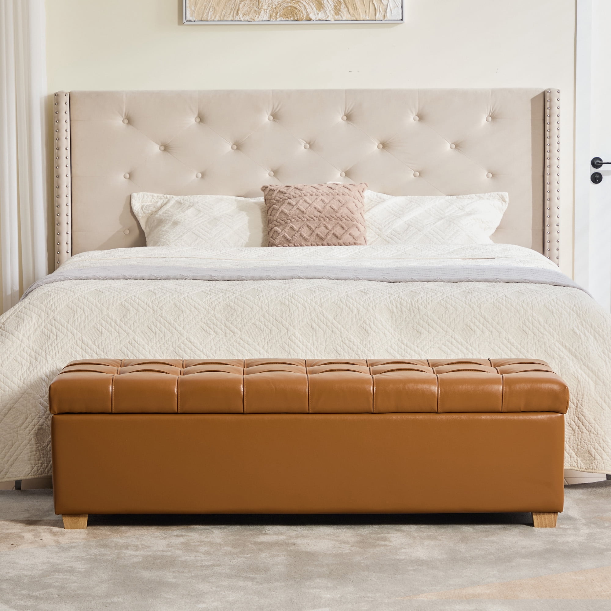 AISWORD60.2"W Upholstered PU Storage Bench,Tufted Flip-Top Ottoman for Living Room, Bedroom, Entryway