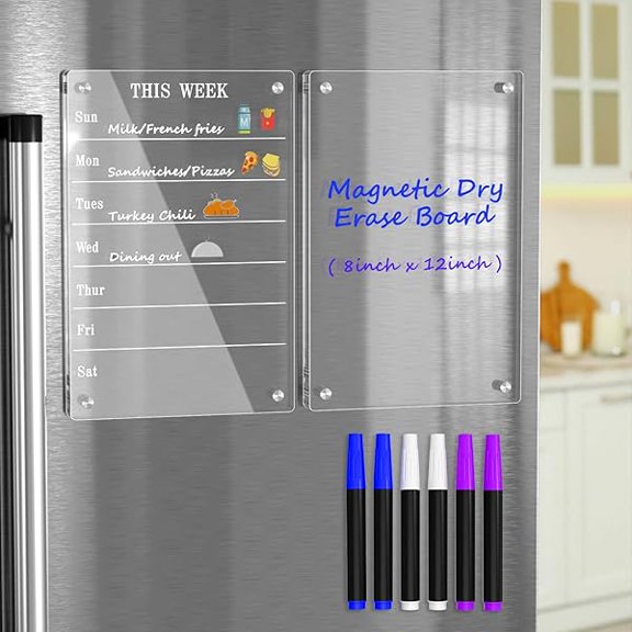 AITEE Acrylic Magnetic Weekly Meal Planner for Fridge, Clear Set of 2 Dry Erase Board Calendar and Memo for Refrigerator Reusable Week Planner, Includes 6 Dry Erase Markers With 3