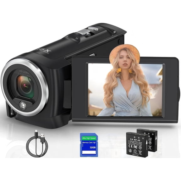 AITENZ QHD 2.7K 56MP Camcorder Video Camera - 16X Digital Zoom Vlogging Camera with 2.8" 270 Rotating LCD, LED Fill Light, 32GB SD Card & 2 Batteries for YouTube/Beginners