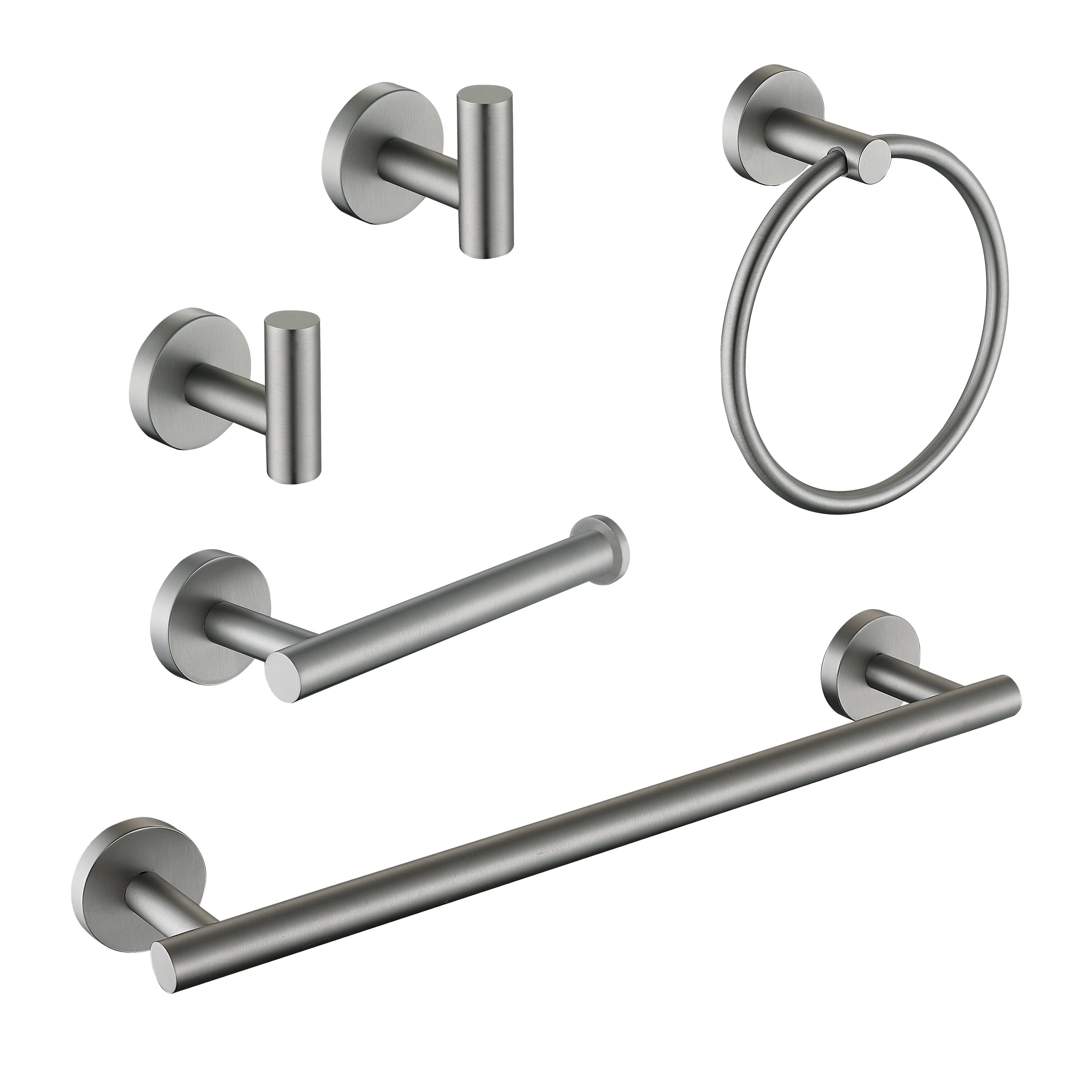 Brushed Nickel 5-Piece Bathroom Hardware Set with Towel Bar and Hooks