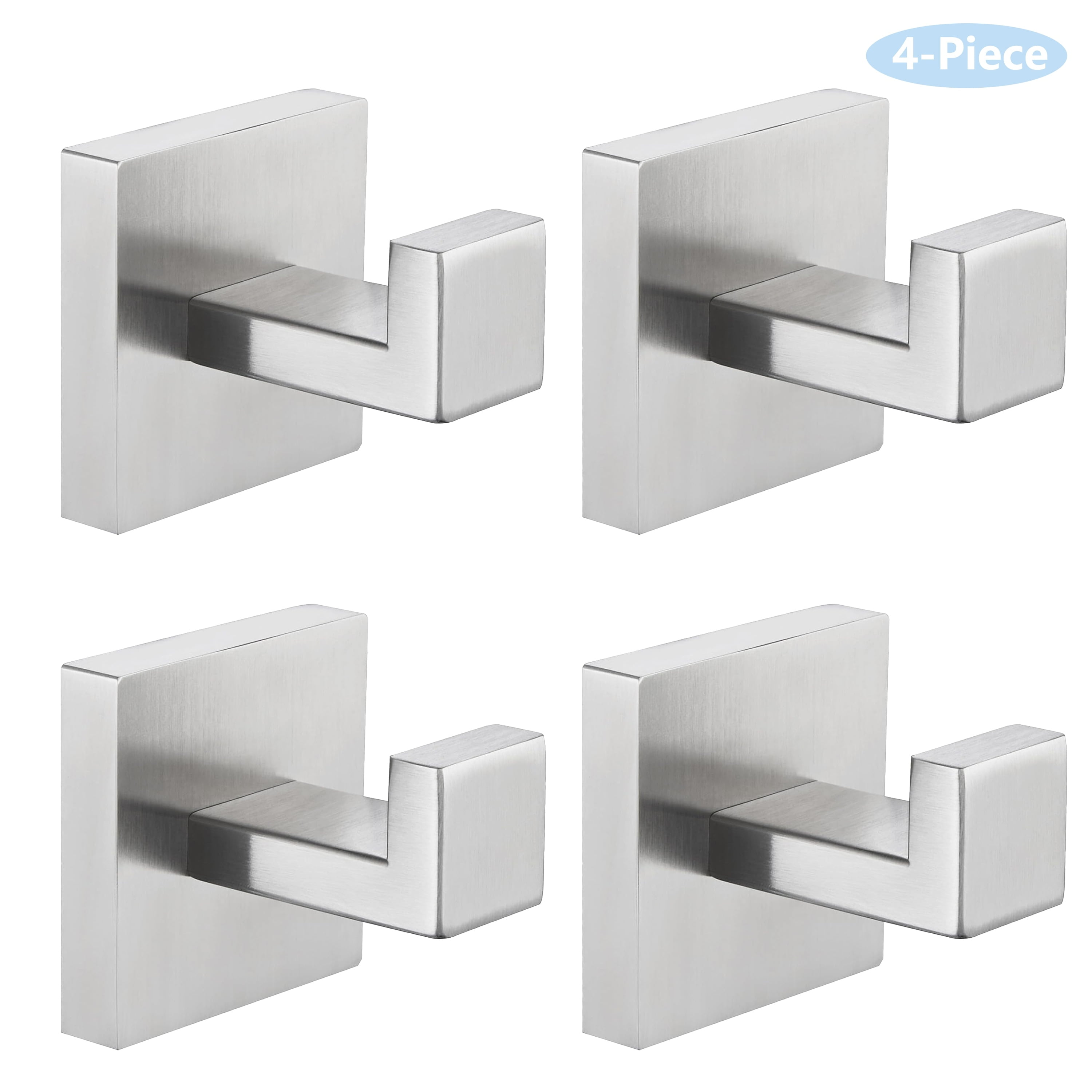 Square Brushed Silver Stainless Steel Wall Hooks, 4-Piece Set