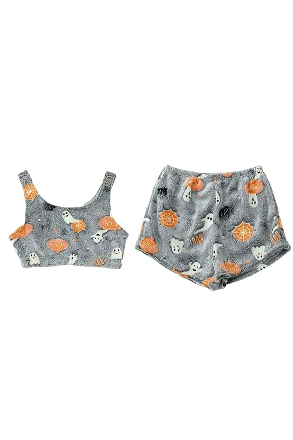Halloween Pjs Women Glow-in-the-Dark Two-Piece Set Women Flannel Nightwear Spooky Trendy for Birthday Bedtime Vacation Christmas Travel House Night Sleeping Soft Comfortable Warm Cozy relaxing