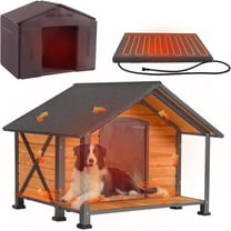 AIVITUVIN Heated Outdoor Dog House - Weatherproof Insulated Wooden Shelter with Iron Frame, Large Porch for Medium & Large Dogs, Indoor/Outdoor Kennel