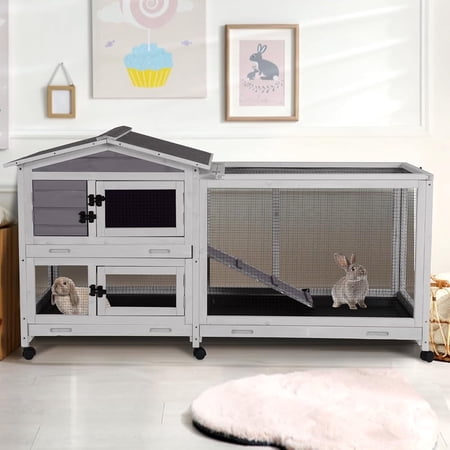 AIVITUVIN Outdoor Rabbit Hutch Indoor Bunny on Wheels Large Guinea Pig Cage with Run for Any Small Animals,Removable Pull Out Tray