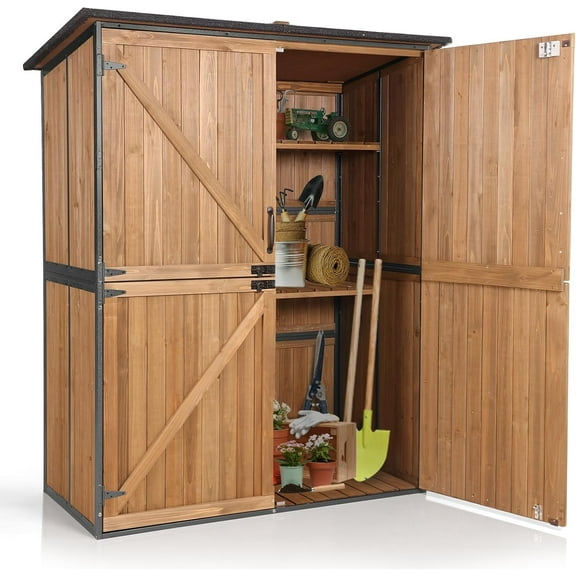Aivituvin Storage Shed Outdoor Storage Cabinet Upgraded with All Arounded Metal Frame, Wooden Floor and Adjustable Shevels 55" L x 29" W x 67" H, Brown