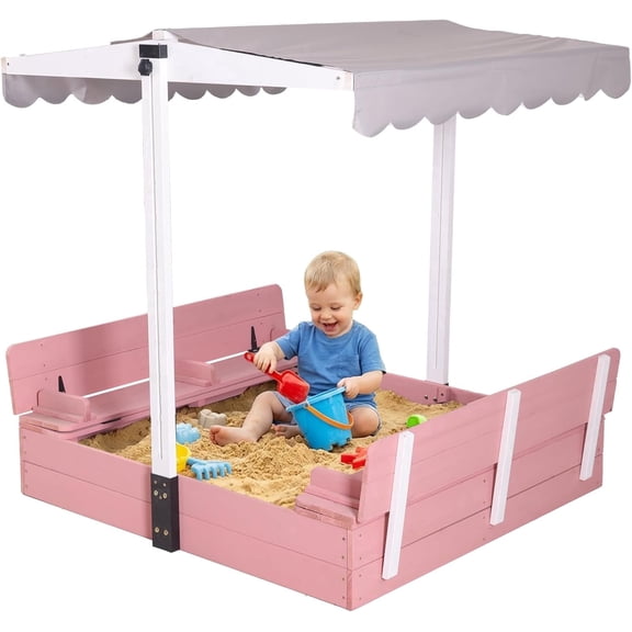 AIVITUVIN Sandbox with Lid and Cover for Kids Outdoor with 2 Foldable Bench Seats, Adjustable Canopy and Sand Protection Liner, 47.2" L x 47.2" W x 51.9" H (Pink