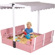 AIVITUVIN Sandbox with Lid and Cover for Kids Outdoor with 2 Foldable Bench Seats, Adjustable Canopy and Sand Protection Liner, 47.2 L x 47.2 W x 51.9 H Pink