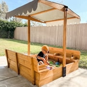 AIVITUVIN Sandbox with Lid, Sand Boxes for Kids Outdoor, Sand Pit with 2 Foldable Bench Seats, UV Resistant & Adjustable Height Roof, Gift for Kids Ages 4-8
