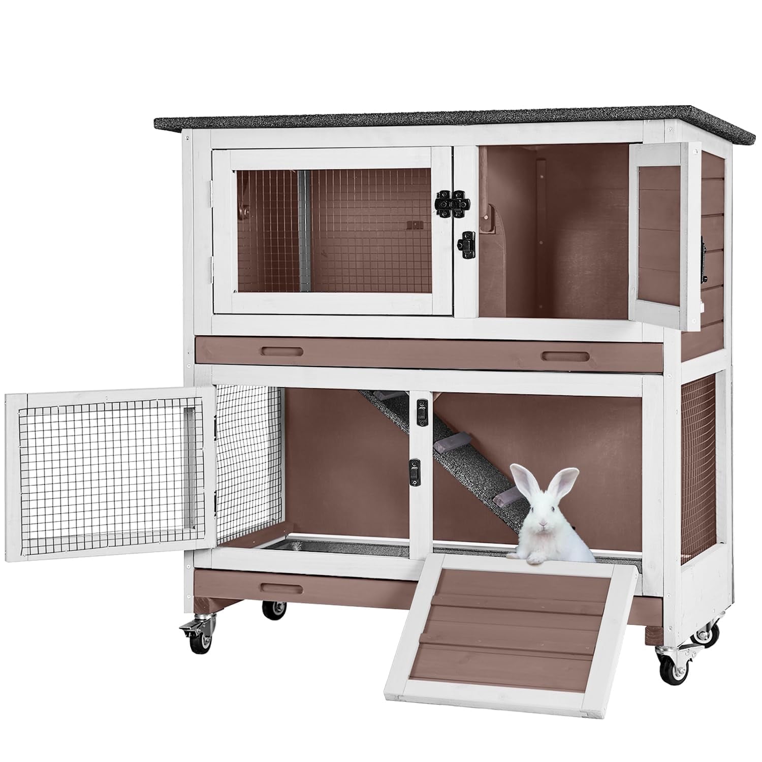 AIVITUVIN Wooden Rabbit Hutch Indoor Outdoor Rabbit Cage with Two Removable Trays Bunny Cage on Wheels Pet House Guinea Pig Cage 2 Story (Brown)