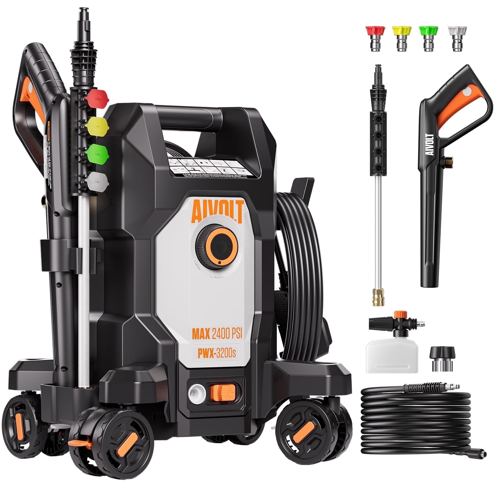 AIVOLT Corded Pressure Washer 2400 PSI, 2.0 GPM, 4 Nozzles, Soap Tank, Anti-Tipping, 36ft Cable, 25ft Hose Cold Water Power Washer