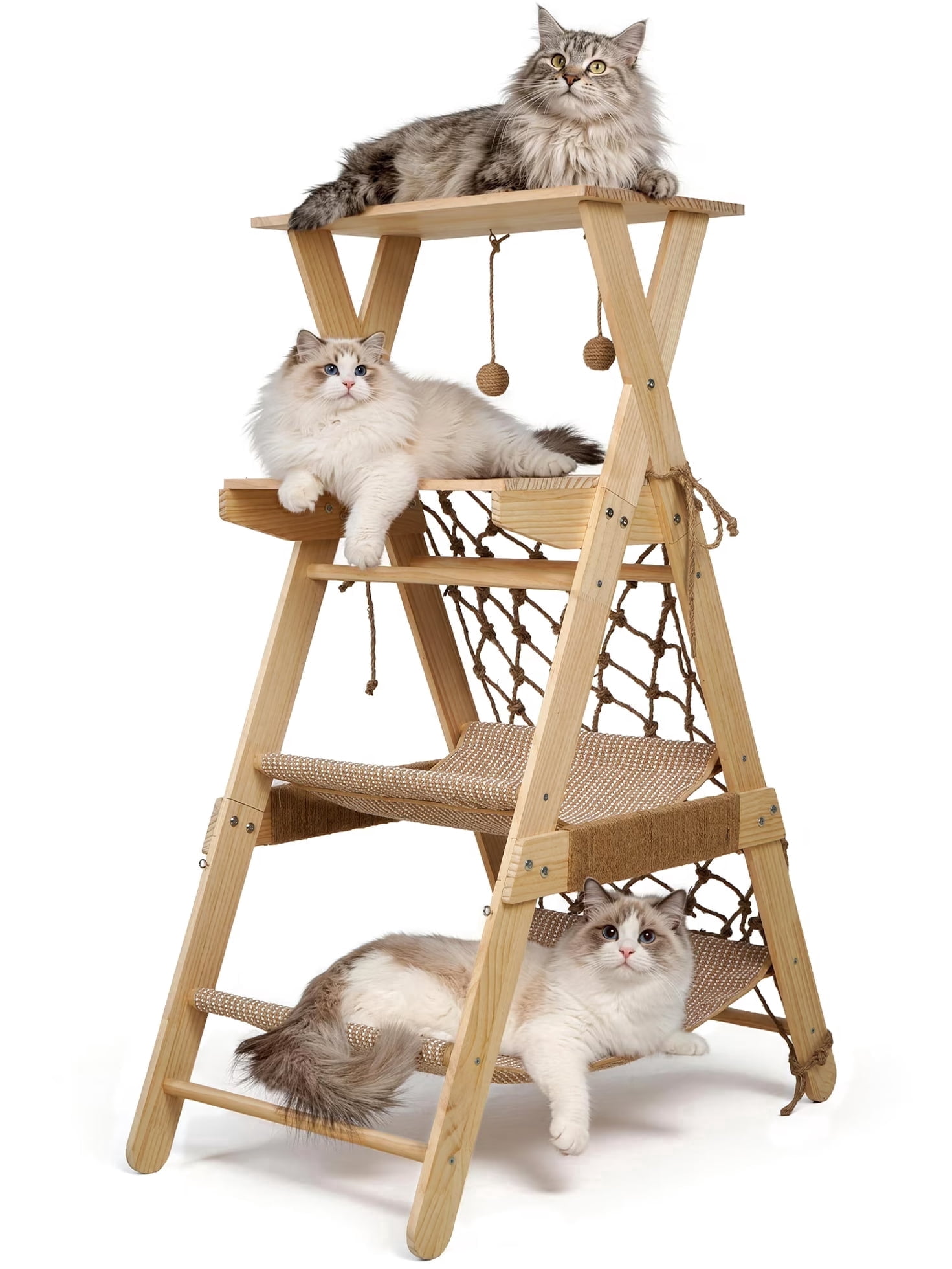 AIWFL Cat Tree Tower for Large Cats, 43.3" Multi-Level Wooden Cat Hammock & Sisal Scratching Posts Cat Condo, Outdoor Indoor Activity Center