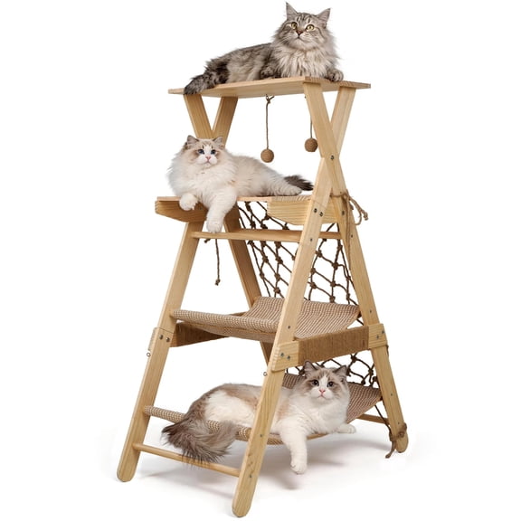 AIWFL Cat Tree Tower for Large Cats, 43.3" Multi-Level Wooden Cat Hammock & Sisal Scratching Posts Cat Condo, Outdoor Indoor Activity Center