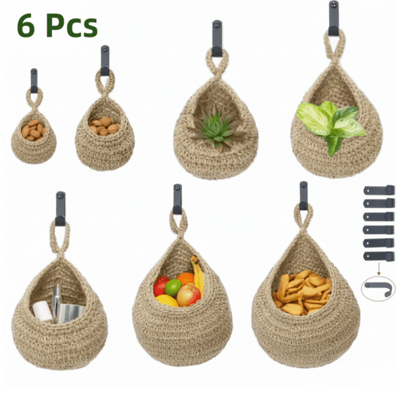 AIWFL 6 Pcs Handwoven Hanging Fruit Baskets, Jute Kitchen Storage Baskets, Fruit Hanging Rack for Vegetable Fruit