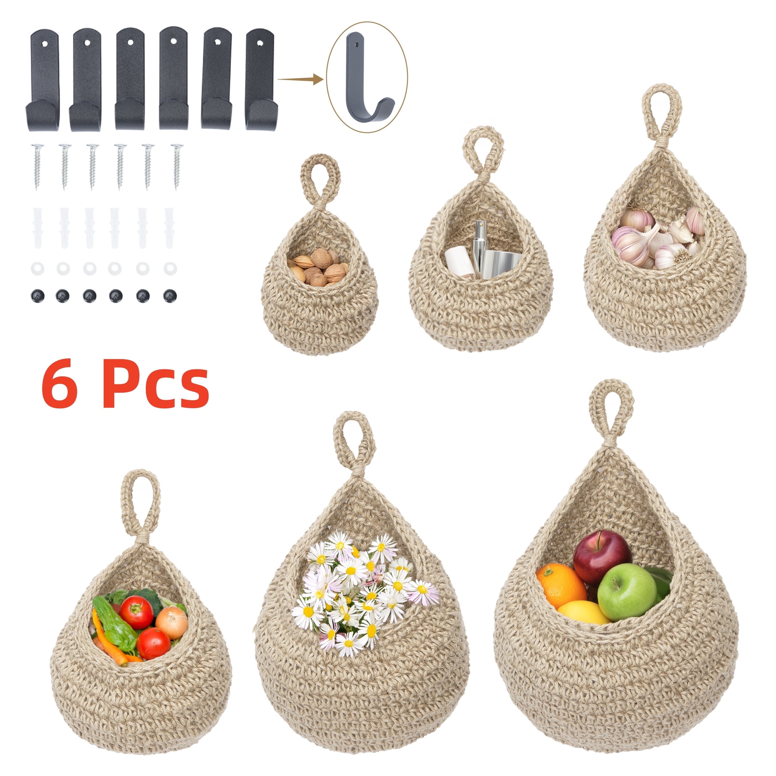 AIWFL 6 Pcs Handwoven Hanging Fruit Baskets, Jute Kitchen Storage Baskets, Fruit Hanging Rack for Vegetable Fruit