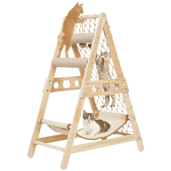 AIWFL Cat Hammock, Cat Tower for Indoor Cats with Straching Post Climbing Web and Danging Sisal Ball, Cute Solid Wood Cat Tree