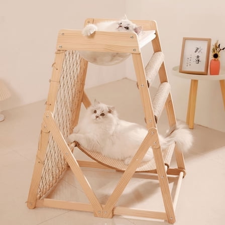 AIWFL Cat Hammock with Acrylic Cat Nest, Cat Tower for Indoor Cats with Straching Post Climbing Web and Danging Sisal Ball, Cute Solid Wood Cat Tree