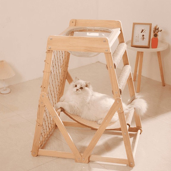 AIWFL Cat Hammock with Acrylic Cat Nest, Cat Tower for Indoor Cats with Straching Post Climbing Web and Danging Sisal Ball, Cute Solid Wood Cat Tree