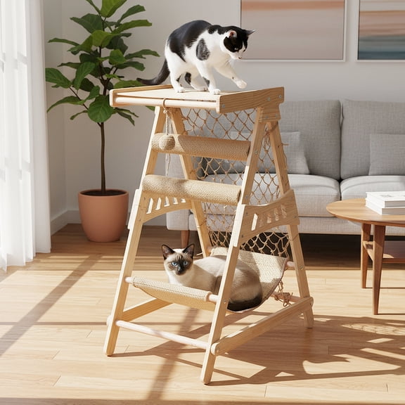 AIWFL Cat Hammock with Top Shelf, Cat Tower for Indoor Cats with Straching Post Climbing Web and Danging Sisal Ball, Cute Solid Wood Cat Tree