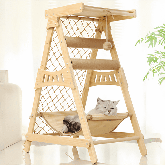 AIWFL Cat Hammock with Top Shelf, Cat Tower for Indoor Cats with Straching Post Climbing Web and Danging Sisal Ball, Cute Solid Wood Cat Tree