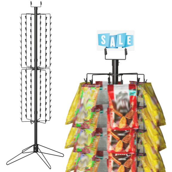 AIWFL Chip Display Rack, 360° Rotating Snack Organizer, Freestanding Retail Organizer with 108 Clips & 12 Spinning Rods with Sign Holder