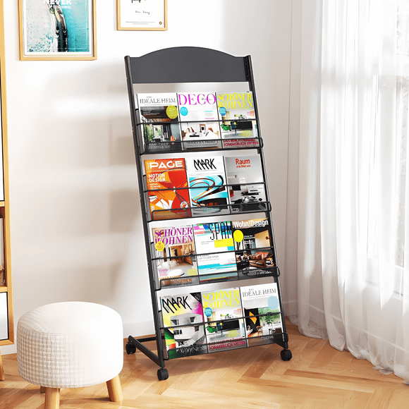 AIWFL Floor Standing Magazine Rack, 4 Layer Brochure Display / Newspaper Stand Bookshelf with Casters for Living Room, Exhibitions, Shops, Offices