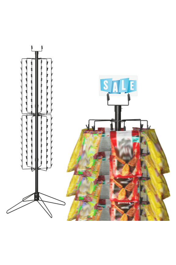 Chip Display Rack, 360 Rotating Snack Organizer, Freestanding Retail Organizer with 108 Clips & 12 Spinning Rods with Sign Holder