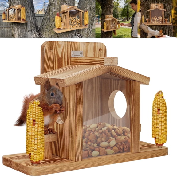 AIWFL Wooden Squirrel Feeder for Outside Tree – Picnic Table Style Platform Holds Corn, Nuts & Peanuts, Cute Backyard Chipmunk Feeder Box