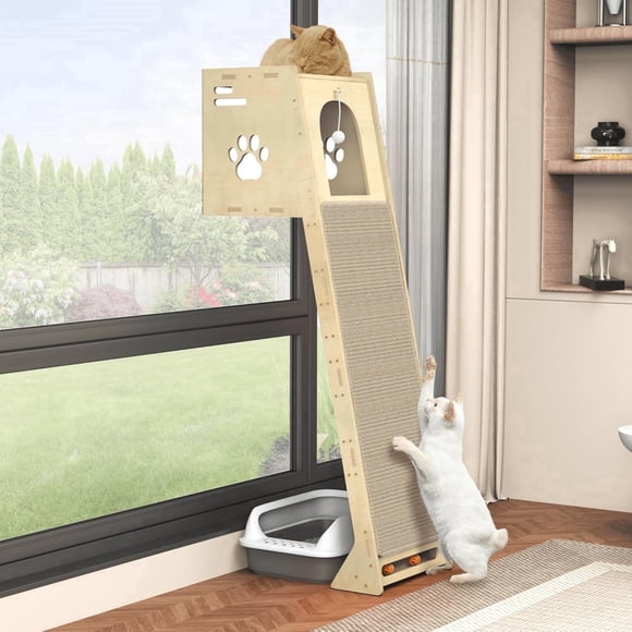 AIWFL Versatile Cat Tree, Space Saving Cat Tower Condo with Scratching Mat for Indoor Cats, Solid Wood