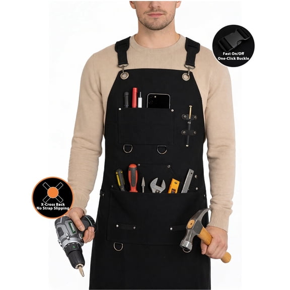 AIWISU® 🛠️Heavy Duty Canvas Tool Aprons for Men: 6-Pocket, with Quick-Release Buckle, Ergonomic X-Cross Back, Adjustable Waist 28"–71", Mechanics Apron for Men, Ideal for Woodworking, Workshop, DIY