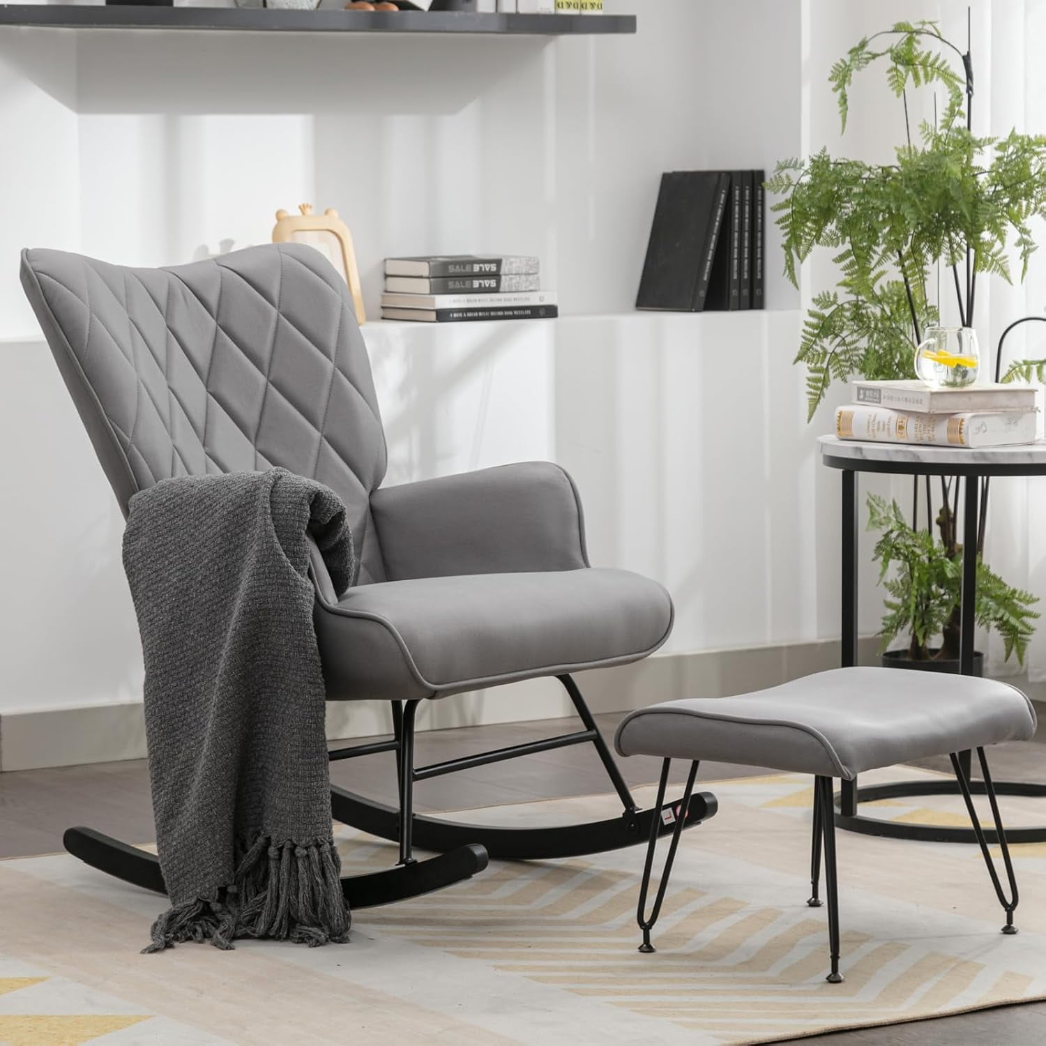 AIWOEN Modern Upholstered Rocking Chair with Ottoman – High Back Glider for Nursery, Living Room, or Bedroom – Comfortable Armchair with Lumbar Support & Sturdy Wood Rockers (Grey Fabric)