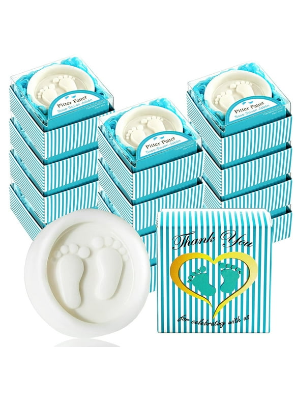 24 Pack Baby Shower Favors Soaps Handmade Blue Pitter Patte Boxed Baby-feet Scented Soap Favors