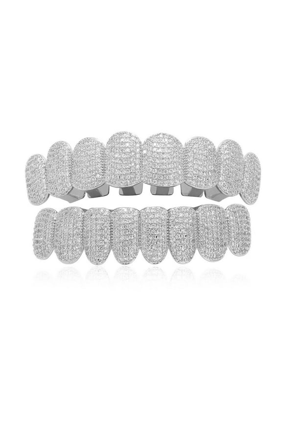 Iced Out Diamond Teeth Grillz for Men Women Hip Hop 18K Gold Plated Grills for Your Teeth Top and Bottom Rapper Costume Mouth Grillz with Silicone Molding Bars