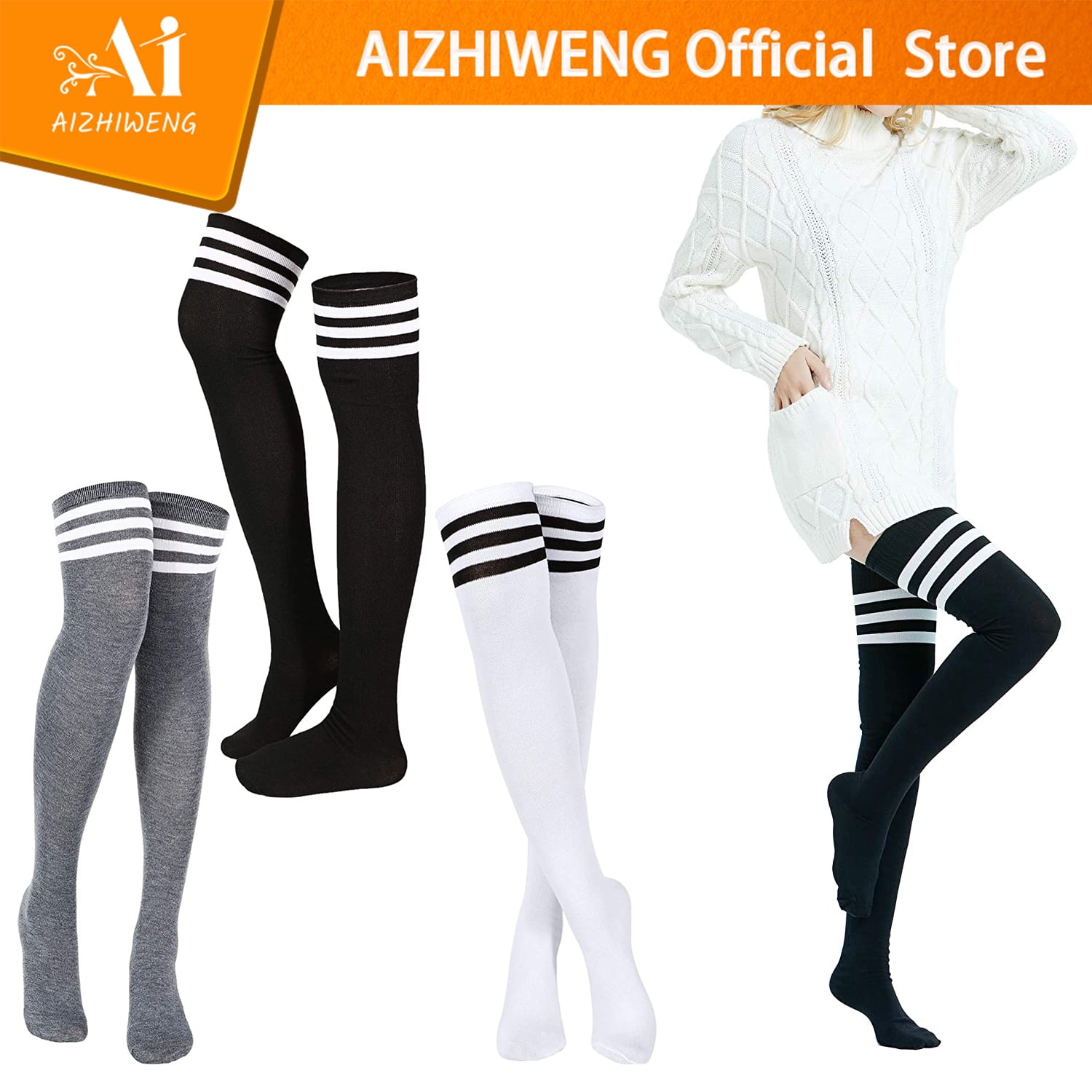 AIZHIWENG Extra Long Cotton Stripe Thigh High Socks Over the Knee High Plus  Size Stockings White 