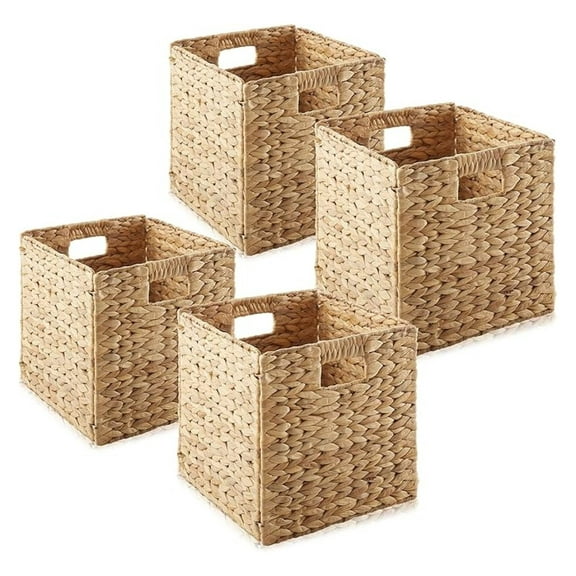 AIZYT 10.5" x 10.5" Water Hyacinth Storage Baskets, Natural - Set of 4 Collapsible Cube Organizers, Woven Bins for Bathroom, Bedroom, Laundry, Pantry, Shelves