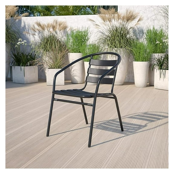 AIZYT Black Metal Stack Chair with Aluminum Slats Lightweight Durable Frame for Indoor Outdoor Use Restaurant Cafe Event Seating