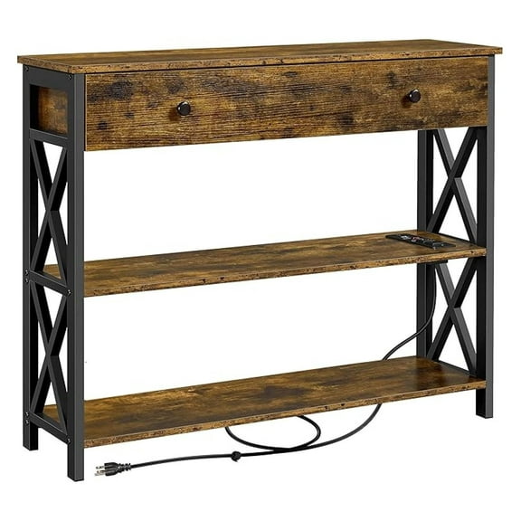 AIZYT Console Table with Charging Station, 40" Narrow Entryway Table with 2 Power Outlets and 2 USB Ports, Sofa Hallway Table with Drawer, Behind Couch, for Living Room Rustic Brown