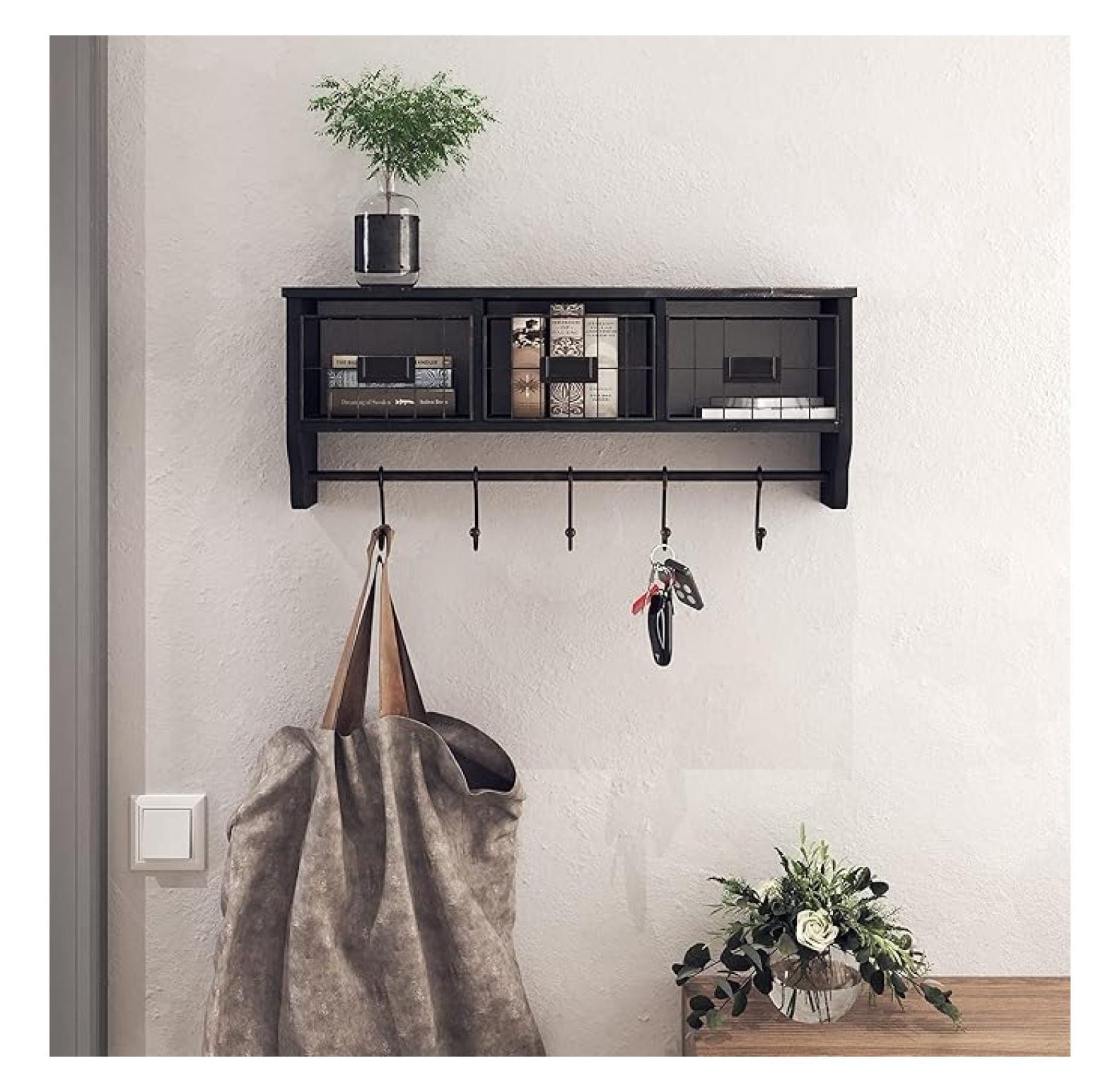 AIZYT Creations Wall Mounted Shelf with Coat Hooks and Baskets, Solid ...