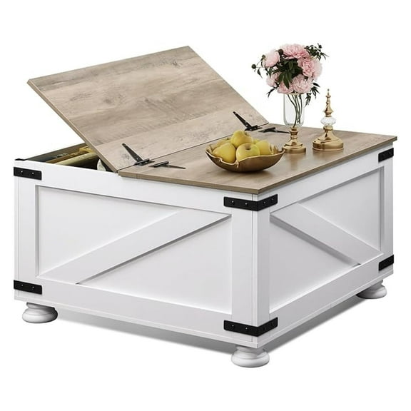 AIZYT Farmhouse Coffee Table, 31.5" Square Wood Center Table with Flip-Top Lids and Large Hidden Storage Compartment for Living Room, Bedroom, White