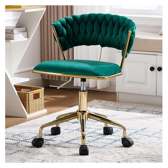 AIZYT Home Office Chair, Velvet Upholstered Task Chair with Woven Open Back, 360° Swivel Desk Chair with Wheels, Adjustable Vanity Chair, Computer Chair for Office, Studio (Emerald)