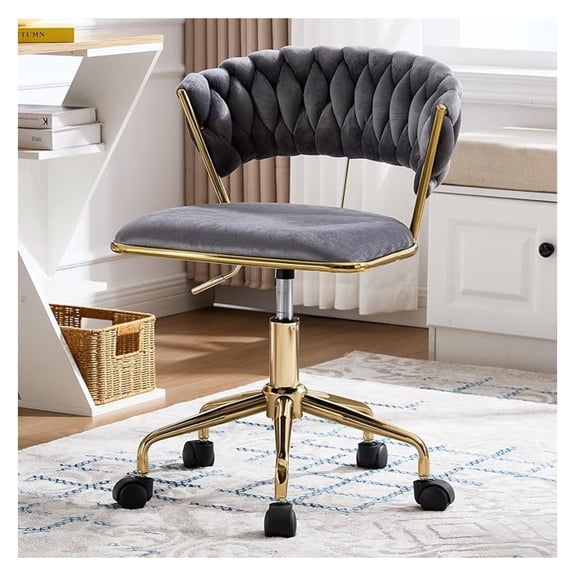 AIZYT Home Office Chair, Velvet Upholstered Task Chair with Woven Open Back, 360° Swivel Desk Chair with Wheels, Adjustable Vanity Chair, Computer Chair for Office, Studio (Grey)